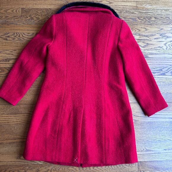 Talbots Red Bouclé Wool Dress Coat Black Faux Fur Collar Princess Large NWT $329 - Picture 6 of 13